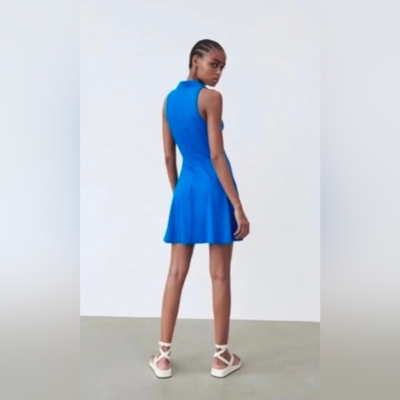  Zara cobalt blue collared V-neck ribbed sleeveless fit and flare mini dress - Picture 8 of 8